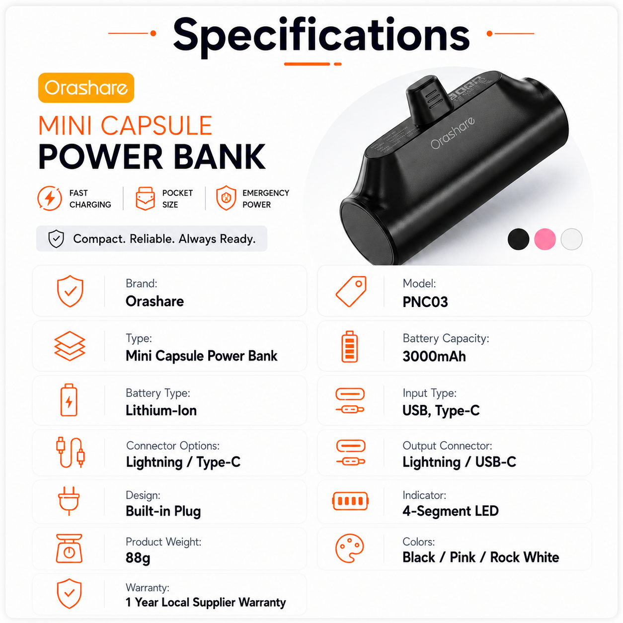 Orashare PNC03 3000mAh Mini Capsule Power Bank, Portable Plug-in Emergency Charger with Type-C or iP Connector