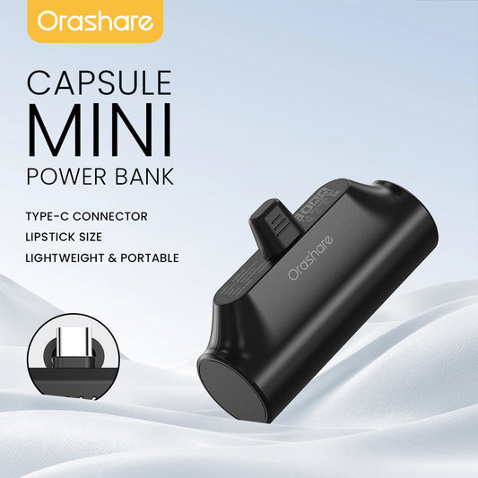 Orashare PNC03 3000mAh Mini Capsule Power Bank, Portable Plug-in Emergency Charger with Type-C or iP Connector