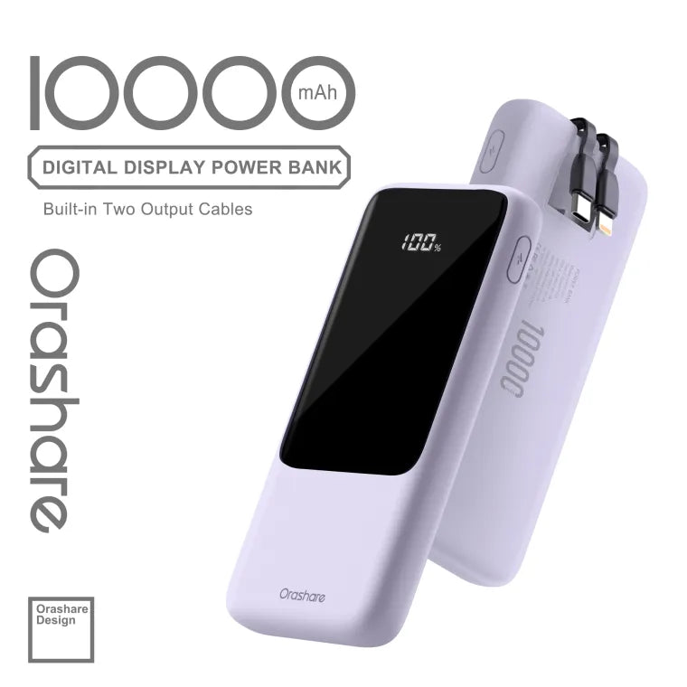 Orashare OH10 10000mAh Slim Power Bank with Built-in Cables