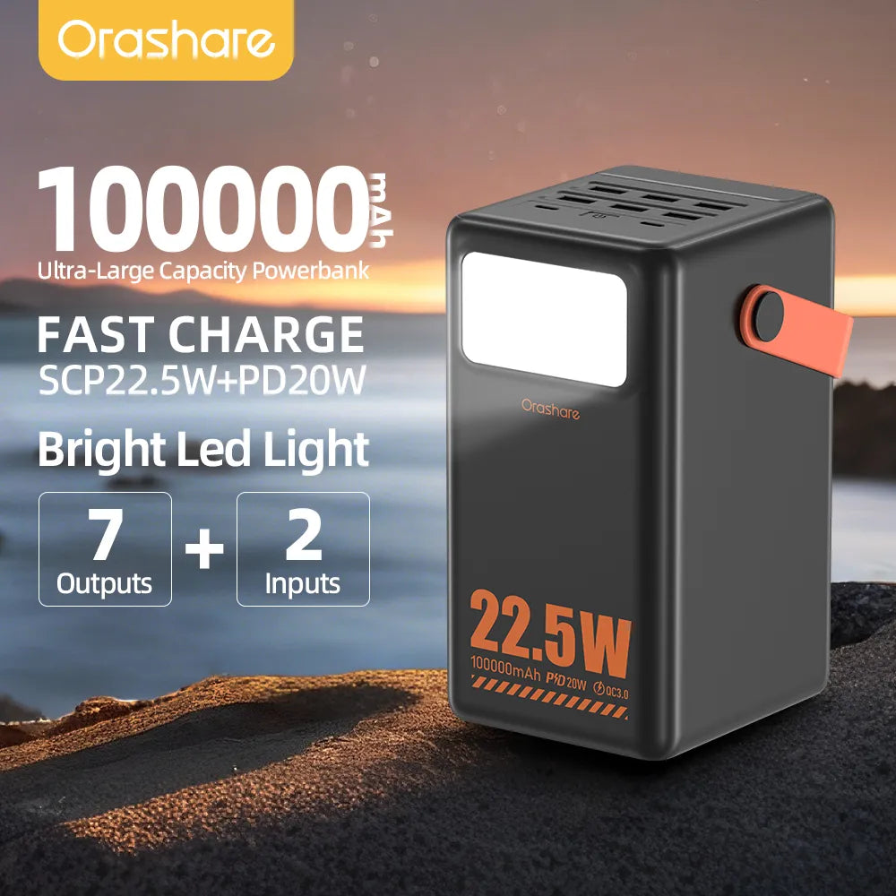 Orashare OL100 Pro 100,000mAh Power Bank with LED Light – 22.5W / 65W