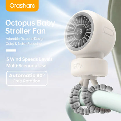 Orashare OCF01 Pro 4000mAh Baby Stroller Fan, Portable Octopus Clip Fan with 3 Speeds & Auto Rotation