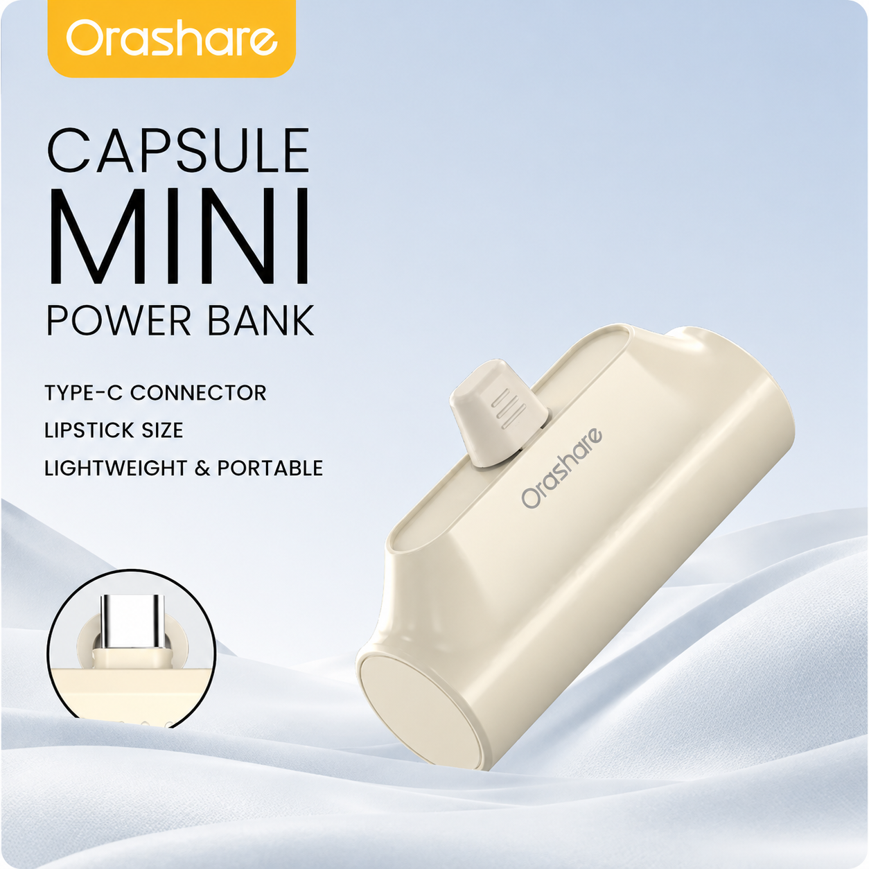 Orashare PNC03 3000mAh Mini Capsule Power Bank, Portable Plug-in Emergency Charger with Type-C or iP Connector