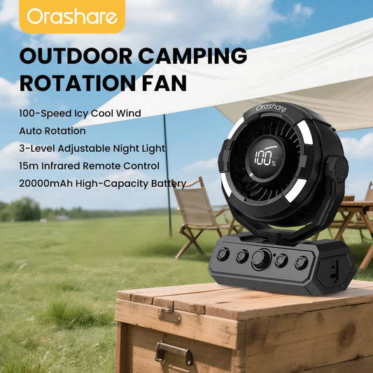 Orashare DF09 20000mAh Rechargeable Camping Fan with Remote, LED Light & 100-Speed Airflow