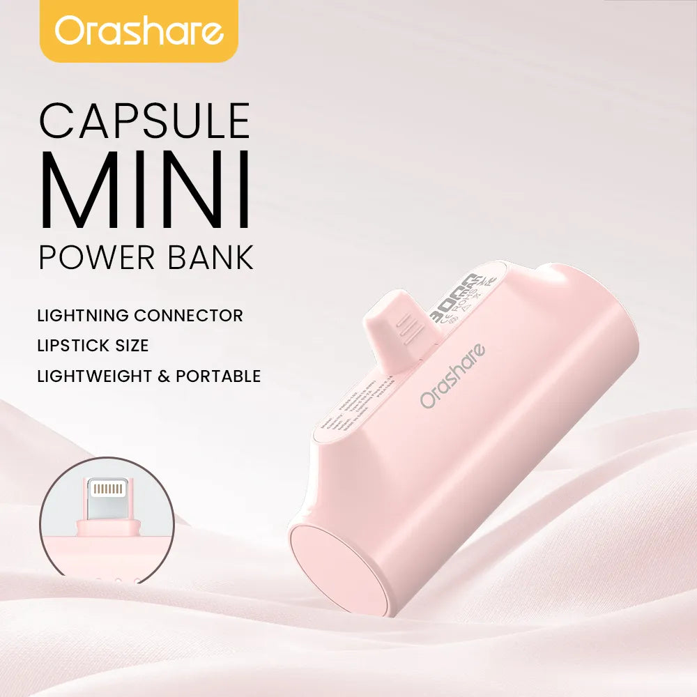 Orashare PNC03 3000mAh Mini Capsule Power Bank, Portable Plug-in Emergency Charger with Type-C or iP Connector
