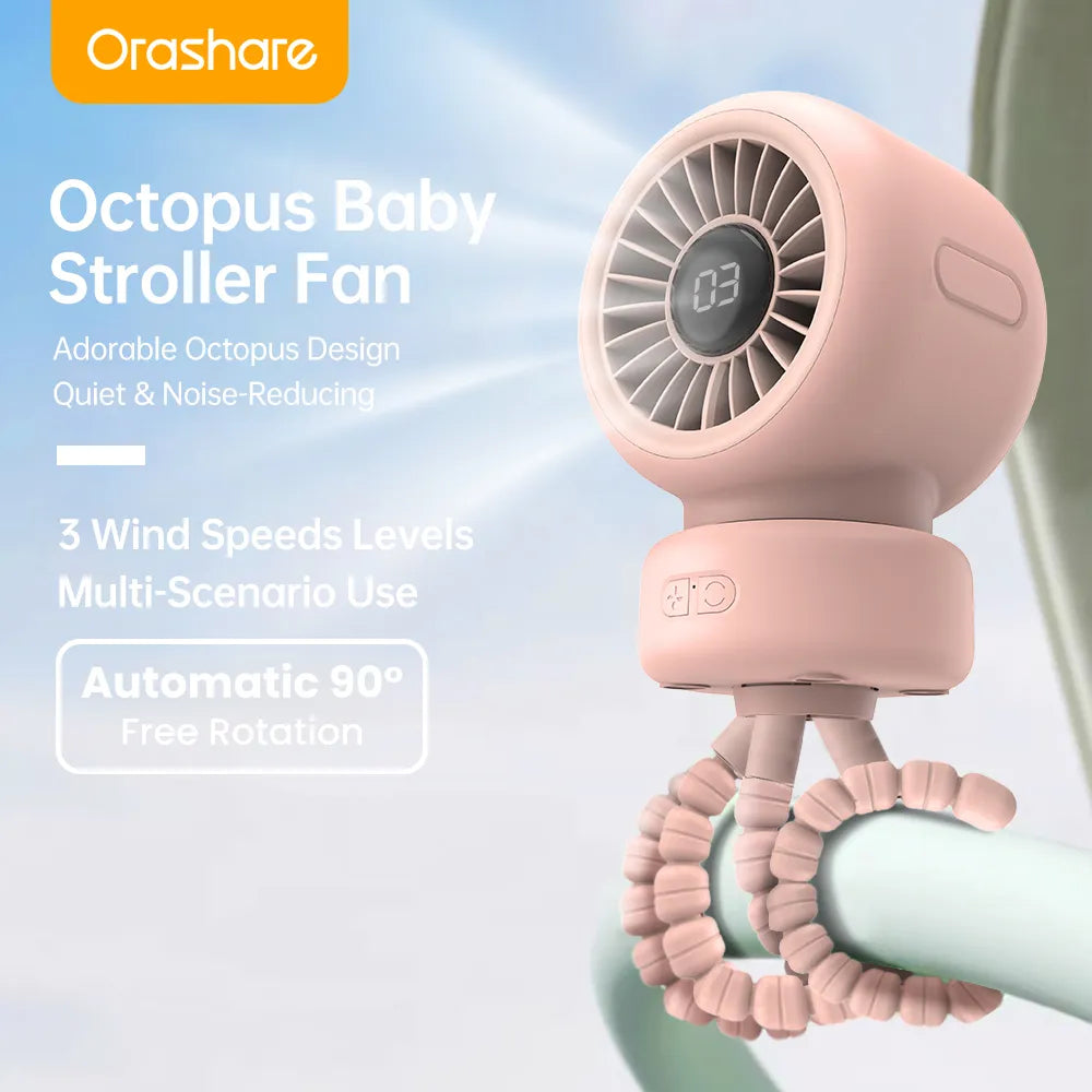 Orashare OCF01 Pro 4000mAh Baby Stroller Fan, Portable Octopus Clip Fan with 3 Speeds & Auto Rotation