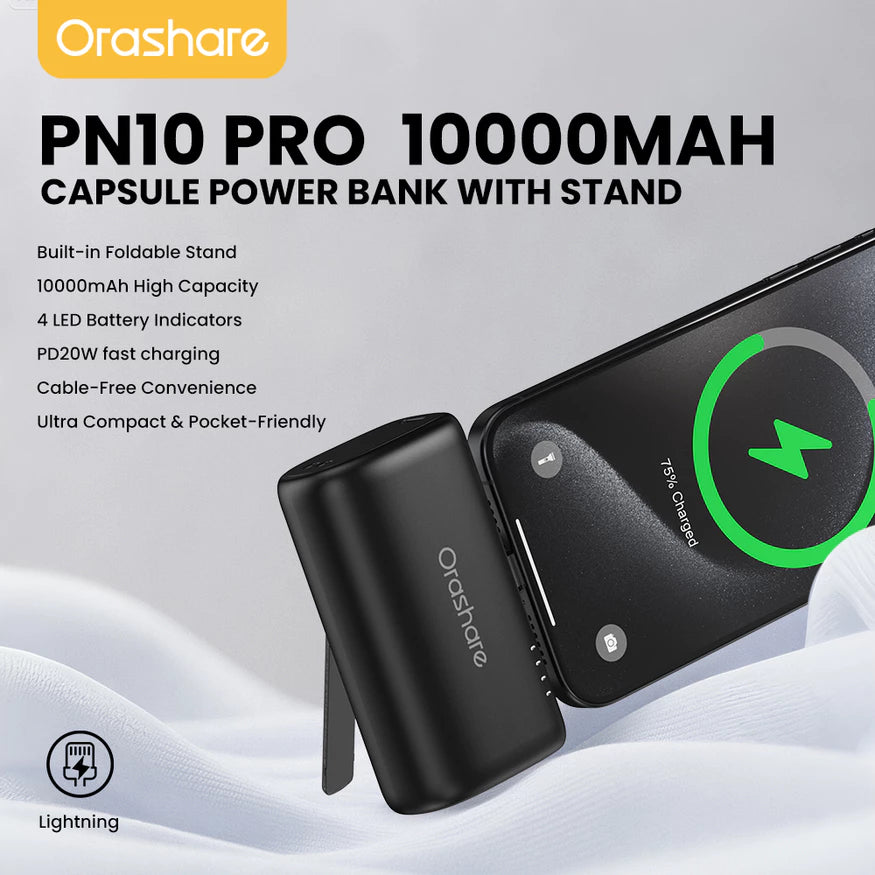 Orashare PN10 Pro 10000mAh Pocket Power Bank with Built-in Cable
