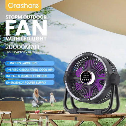 Orashare DF04 20000mAh Rechargeable Camping Fan with LED Light & Remote Control