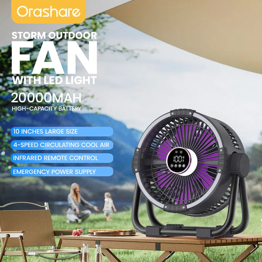 Orashare DF04 20000mAh Rechargeable Camping Fan with LED Light & Remote Control