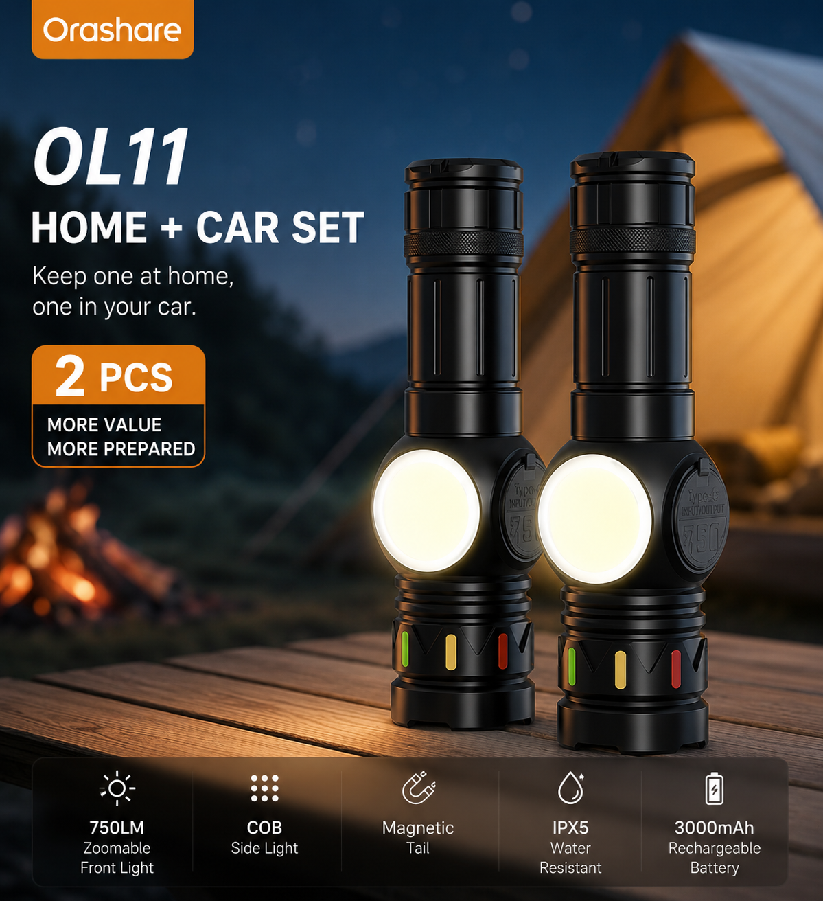 Orashare OL11 3000mAh Rechargeable Zoomable LED Flashlight