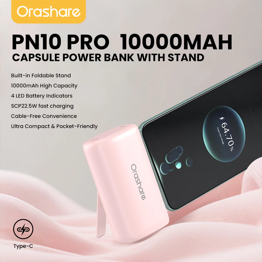 Orashare PN10 Pro 10000mAh Pocket Power Bank with Built-in Cable