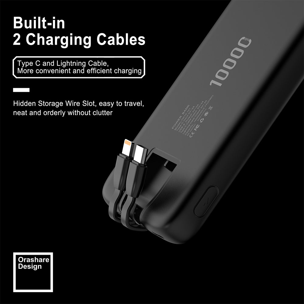 Orashare OH10 10000mAh Slim Power Bank with Built-in Cables