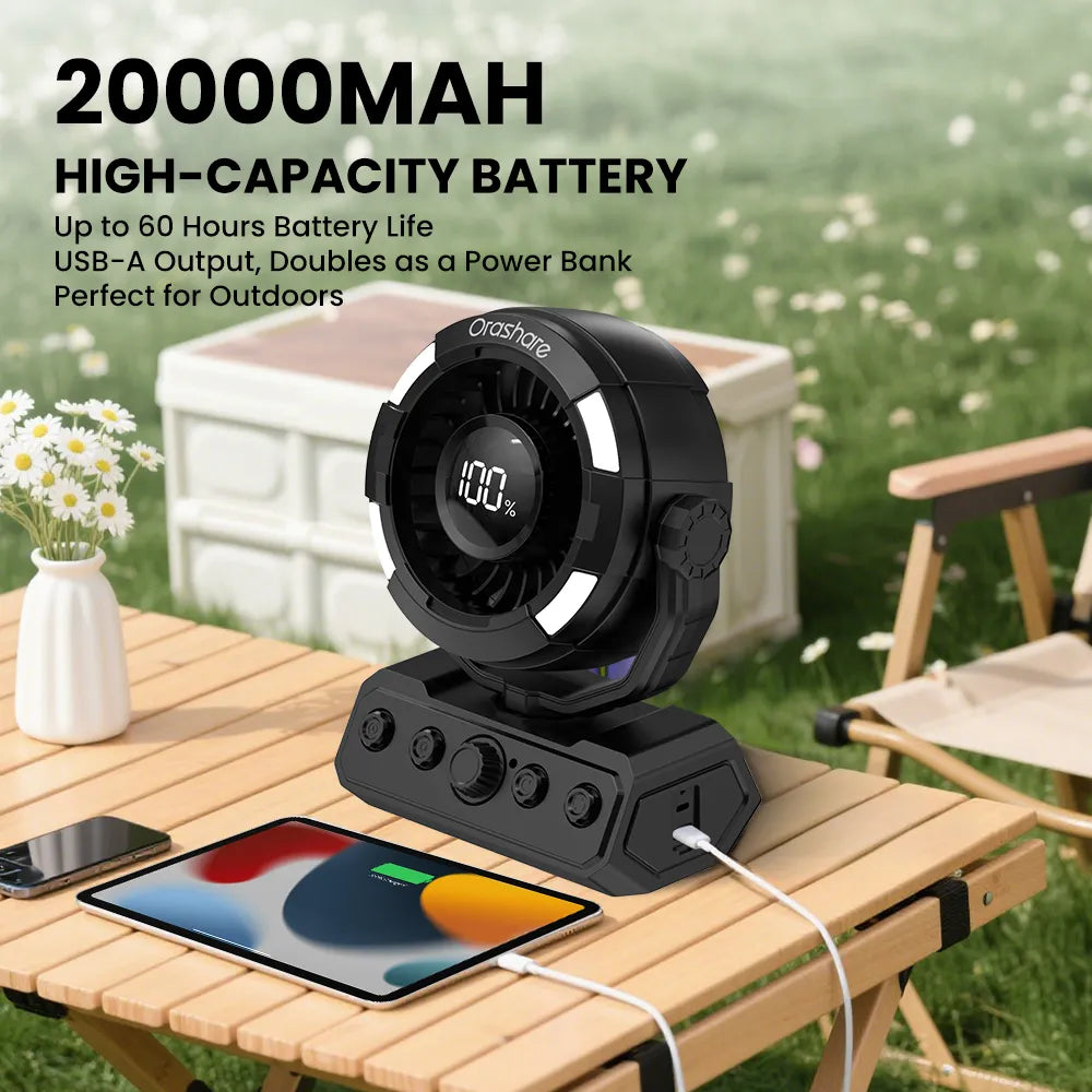 Orashare DF09 20000mAh Rechargeable Camping Fan with Remote, LED Light & 100-Speed Airflow