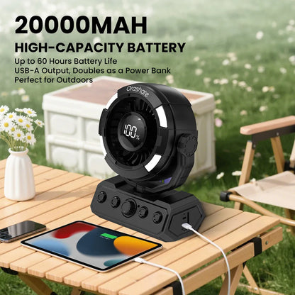 Orashare DF09 20000mAh Rechargeable Camping Fan with Remote, LED Light & 100-Speed Airflow