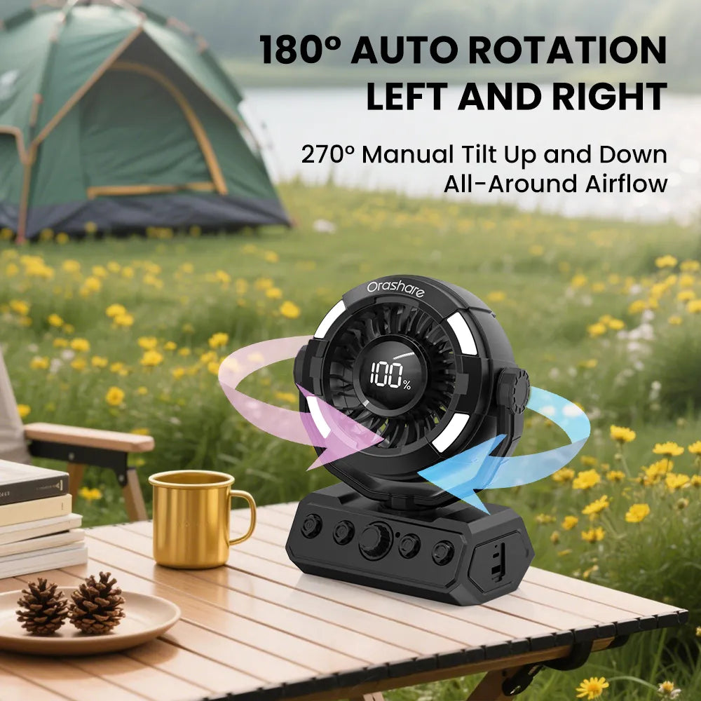 Orashare DF09 20000mAh Rechargeable Camping Fan with Remote, LED Light & 100-Speed Airflow